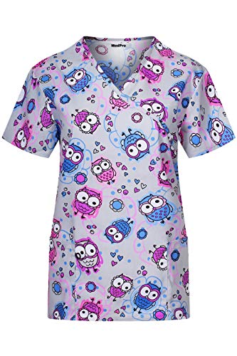 MedPro Women's Printed Medical Scrub Set Mock Wrap Top and Pants H Grey Blue L