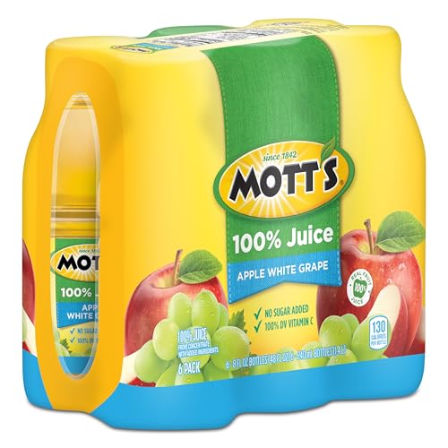 MOTT’S 100% APPLE WHITE GRAPE JUICE, 8 FL OZ BOTTLES, 24 COUNT (4 PACKS OF 6), NO ADDED SUGAR, EXCELLENT SOURCE OF VITAMIN C, 2 SERVINGS OF FRUIT PER BOTTLE, GLUTEN & CAFFEINE FREE, ON-THE-GO