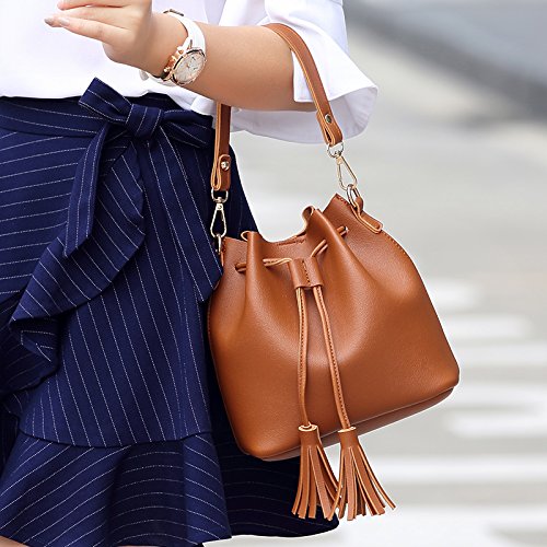 EasyHui Womens Crossbody Bag Grils Fashion PU Leather Tassel Small Travel Purse Shoulder Tote Handbag Brown - Thumbnail 7