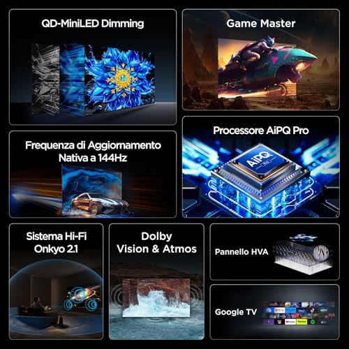 TV 75T8D 4K QLED da 75” con QD-Mini LED Dimming HDR Smart TV, 4K Ultra HD, Google TV con 144Hz VRR e audio Onkyo 2.1