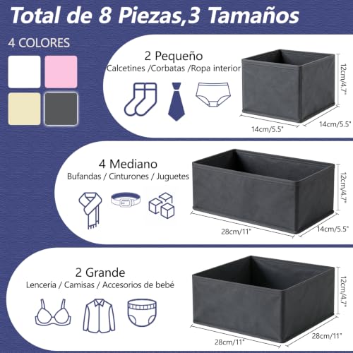 Niviy Organizador Armario 8 Piezas Caja Organizadora Ropa Gris Oscuro | Tela no Tejida Organizadores Plegables para Cajones y Estanterías para Ropa, Calcetines, Ropa Interior