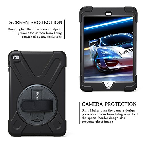 iPad Mini4 Shockpoof Case,BRAECN Three Layer Drop Protection Rugged Protective Heavy Duty iPad Case With a 360 Degree Swivel Stand/a Hand Strap and a Shoulder Strap For iPad Mini 4 Case (black)