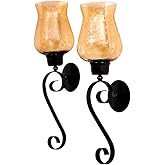 GLOBEDECOR 2 Black Scroll Wall Sconces, 16.5″H Metal Candle Holders with Gold Luster Glass Shades, Pillar Candle Wall Décor