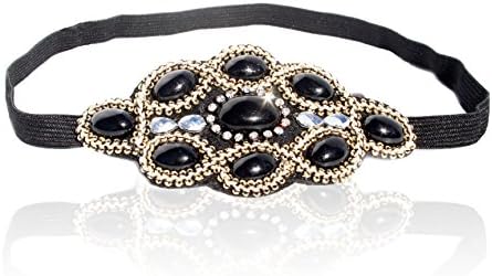 Womens Fashion Headband, Beautiful Black Stone Gatsby Flapper 1920's Rhinestone and Beaded Headband#50 Adjustable Band to Fit Any Head, 18 Look Style Guide Included