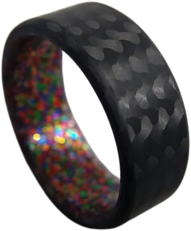 Handmade Ring Band - Men's or Women's Carbon Fiber Twill Ring with Multi Sparkle Interior, Matte Finish, Flat Black Band, Durable, Waterproof, Sizes 4-16, Custom Band Widths