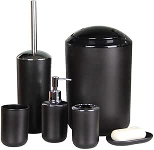 Amazon Com Wodlo 4 Piece Ceramic With Bamboo Bathroom Accessories Set Complete Bath Accessory Sets Includes Soap Dispenser Toothbrush Holder Tumbler Soap Dish Black Home Kitchen