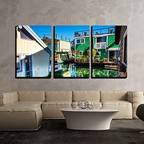 Floating Home Village Green Brown Houseboats Fisherman x3 Panels