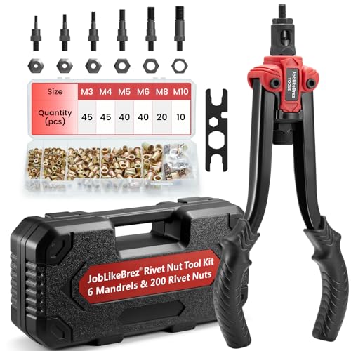 Professional Threaded Insert Pliers 33 cm – Kit with 200 Crimp Nuts in Box in Heavy Duty Case, 6 M3-M10 Chucks, Quick Change, Ideal for Metal and DIY