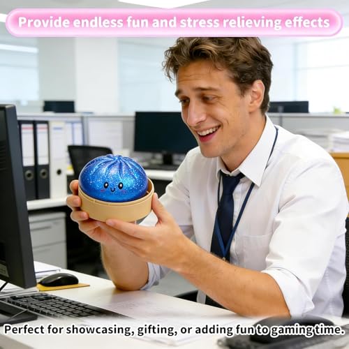 Glitter Dumpling,Blue Glitter Dumpling Squishies Box,Squeeze Dough Ball Stress Relief Hand Toys with Food Steamer Stretchy Desk Toys for Adults(Blue) (1)