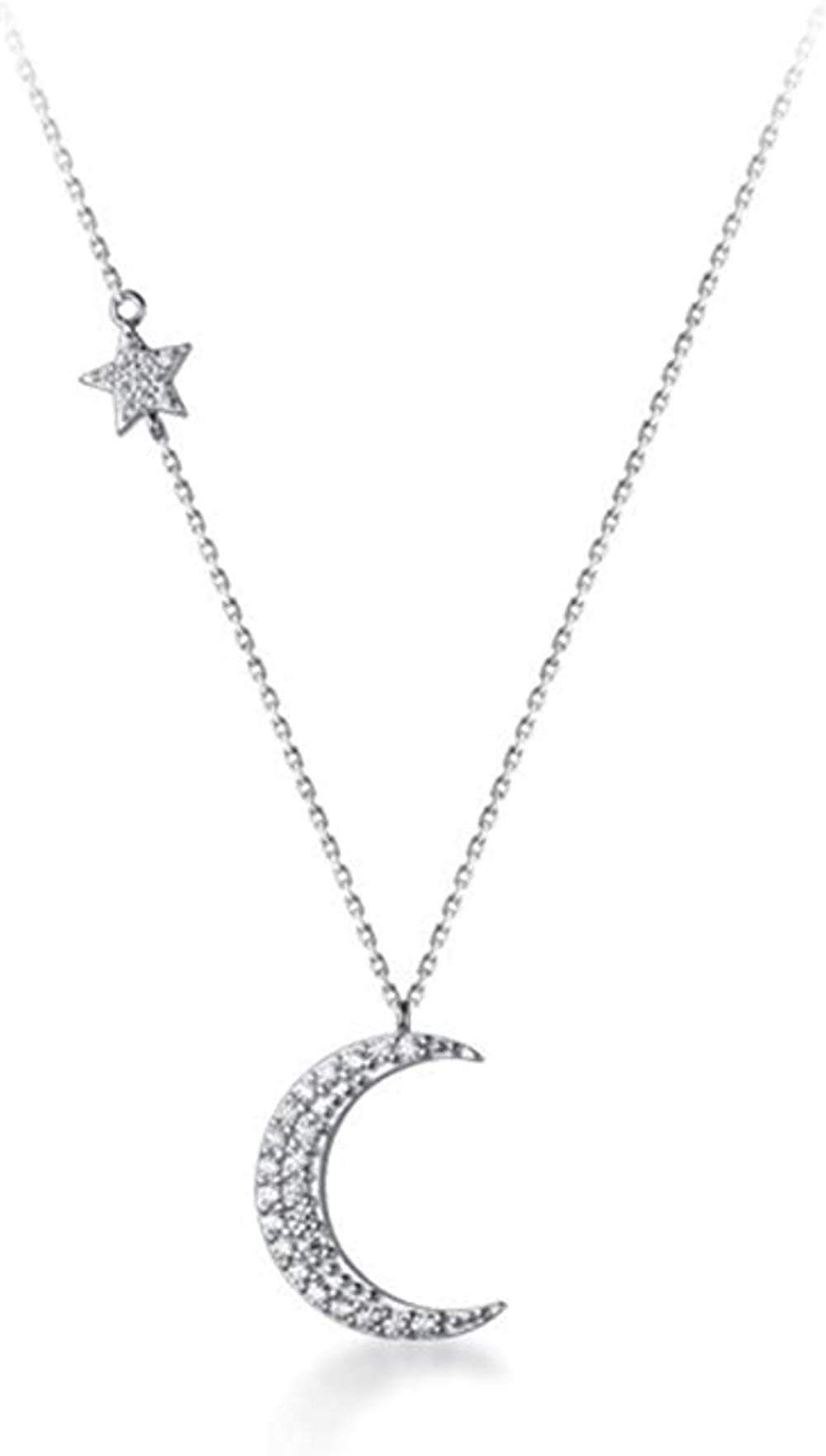 Crystal Crescent Moon Pendant Necklace Sterling Silver S925 Dainty Cubic Zirconia Diamond Star Charm Adjustable Chain Necklaces Chokers Delicate Jewelry Gifts for Women Girls BFF