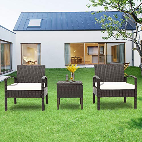 MINMIN Polyrattan Balkonmöbel Set 2 Personen–1 Tisch & 2 Sessel–Couchtisch mit Stauraum-Wetterfeste Gartenmöbel Set–für…