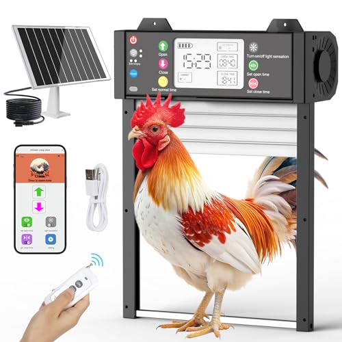 SARELLIT Automatic Solar Chicken Coop Gate with APP and Remote Control, WiFi with Real Time Status, Timer and Light Sensor, Anti-Pinch, Battery 4000mAh