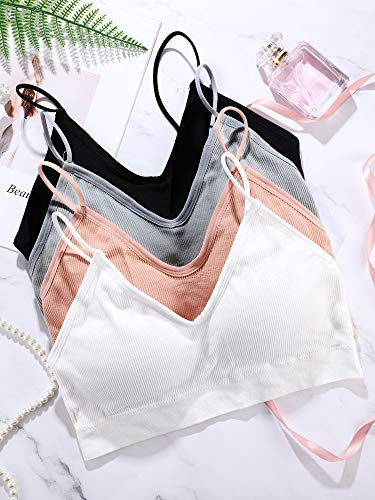 4 Pieces V Neck Cami Bra Padded Seamless Bralette Straps Sleeping Bra for Women Girls(Black
