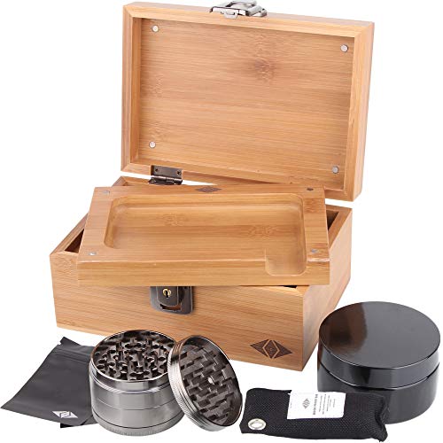 Premium Stash Box Kit with Lock - and Bamboo Wood Rolling Tray Combo, 100 mL Airtight UV Smell Proof Jar, Premium Grinder with Magnetic Lid, Charcoal Bag, 2 Discreet Odorless Resealable Bags