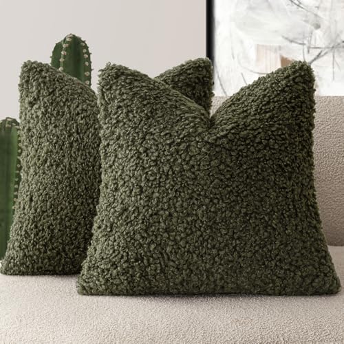 Foindtower 2 Pieces 22x22 Inch Olive Green, Faux Fur Throw Pillow Cover Accent Sherpa Furry Pillow Covers Fuzzy Soft Pillowcases Cozy Sheepskin Decorative Fleece Cushion Case for Bed Couch Living Room