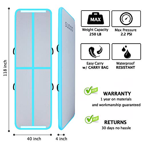10ft Air Track Floor Tumbling Gym Mat | Airtrack Fitness Flooring Mat | Inflatable Gymnastics Mat | Landing Mat | Exercise Mat | Yoga Martial Arts Mat for Home Outdoor Training Use w/Electric Air Pump