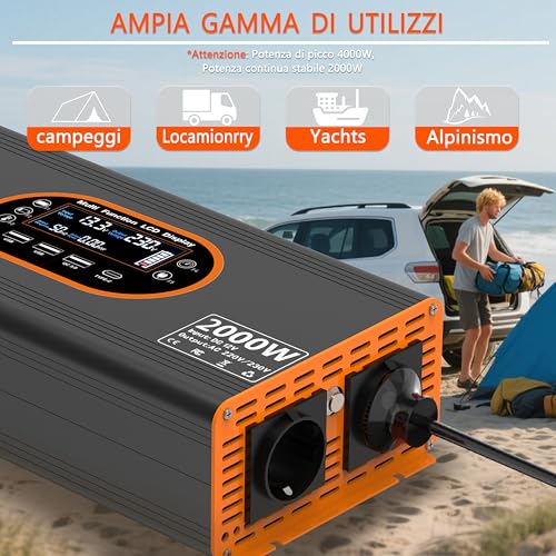2000W Inverter 12v 220v Pure Wave - 12v Voltage Transformer LCD Display with 2 EU Sockets and 3 USB Ports and a Type C Port, Remote Control Socket for Motorhome, Car and Camping