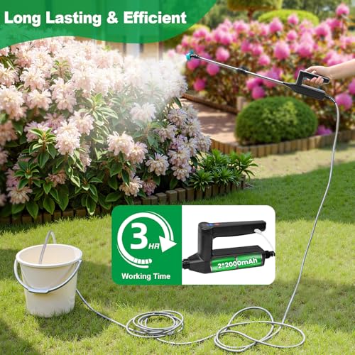 SYLSTAR Battery Powered Sprayer 8M Hose, 26.2inch Electric Weed Sprayer Wand, 3 Adjustable Spraying Force & Battery Indicator, 4 Nozzles, 7.4V Rechargeable Garden Lawn Plant Spray Handle
