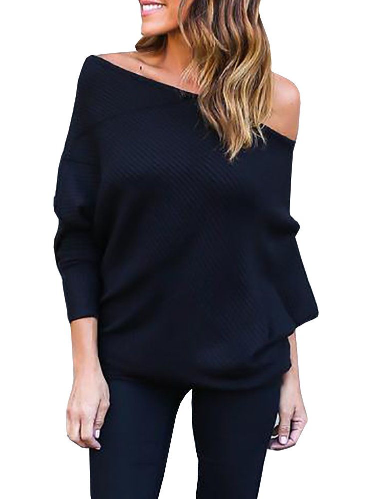 Wudia Women\'s Off Shoulder Pullover Sweater Batwing Sleeve Loose Oversized Knit Jumper