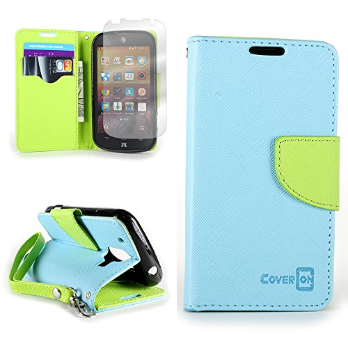 ZTE Compel Z830 Case, Flip Stand Wallet [CoverON CarryAll Pouch] Tough Exterior Design [Features Credit Card ID Slots and Wrist Strap] Phone Cover Case for ZTE Compel Z830 - Light Blue / Neon Green - Thumbnail 4