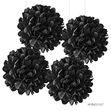 Andaz Press Large Tissue Paper Pom Poms Hanging Decorations, Black, 14-inch, 4-Pack, Graduation, Halloween Decor Colored Birthday Party Supplies