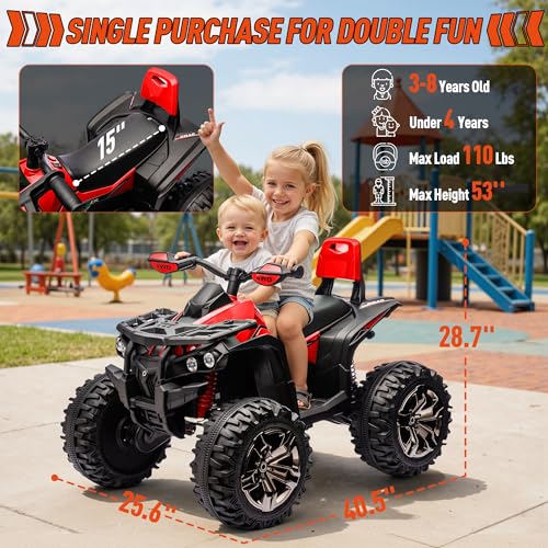 JOYRACER 24V 2 Seater Kids ATV 4 Wheeler, 4x4 Ride on Toys w/800W Engines, 9AH Battery Powered Electric Vehicle w/LED Light, MP3, USB, Spring Suspension, Kids Quad for Girls, Red