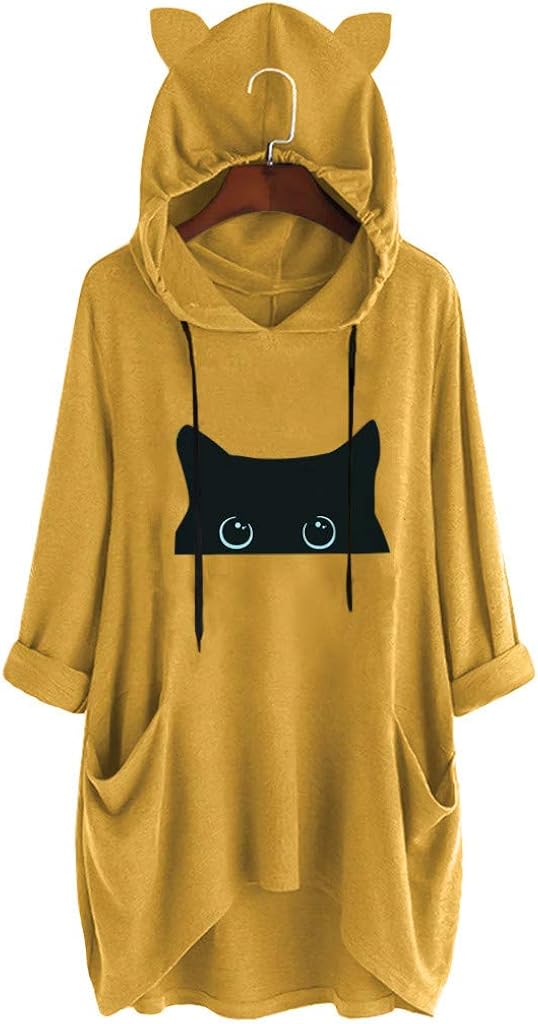 Sweat Femme Grande Taille Sweat Chat Sweat Sport A Capuche Oreilles De Chat A Manches Longues Avec Poche Sweat Shirt Tops Mignons Automne Et Hiver Femme Sweats A Capuche
