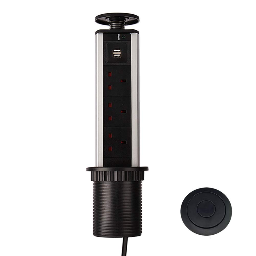 Pull Pop Up Electrical Plug Socket with USB for Kitchen Worktops (Black