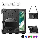 BRAECN iPad 9.7 2018/2017 Case - Heavy Duty Shockproof Rugged Case with Pencil Holder, Shoulder Strap & Rotating Hand Strap/Stand for iPad 9.7" 6th/5th Generation A1893/A1954/A1822/A1823 Tablet-Black