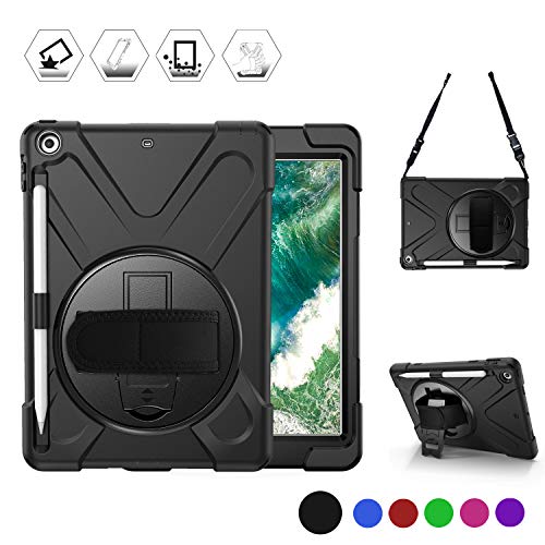 BRAECN iPad 9.7 2018/2017 Case - Heavy Duty Shockproof Rugged Case with Pencil Holder, Shoulder Strap & Rotating Hand Strap/Stand for iPad 9.7" 6th/5th Generation A1893/A1954/A1822/A1823 Tablet-Black
