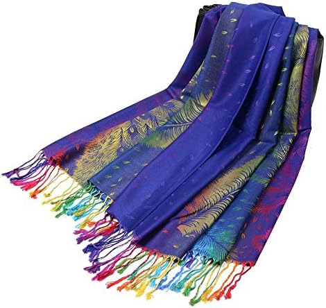 JOVANAS (TM) Women's Fashion Winter Warm Knitted Large Blacket Shawl Scarves with Peacock feather design (Blue)