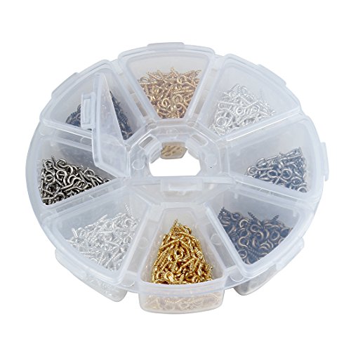 Linsoir Beads 800pcs 5X12mm Sturdy Metal Screw Eye Pin Bail Pegs for Half-drilled Beads 4 Colors Mixed in a Divider Case
