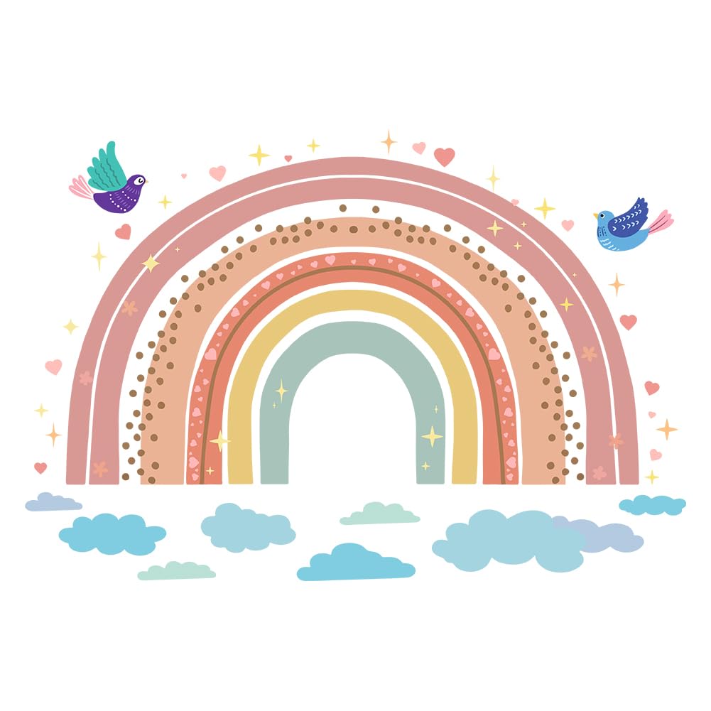 SUPERDANT Cartoon Boho Rainbow Wall Sticker Birds Wall Decal Colorful Rainbow Heart Vinyl Wallpaper Rainbow Decals for Girls Baby Nursery Bedroom Playroom Home Decoration