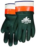 MCR Safety 6410SC Double-Dipped PVC Jersey Lined Sandpaper Finish Men's Gloves with Plasticized Safety Cuff, Green/Orange, Large, 1-Pair