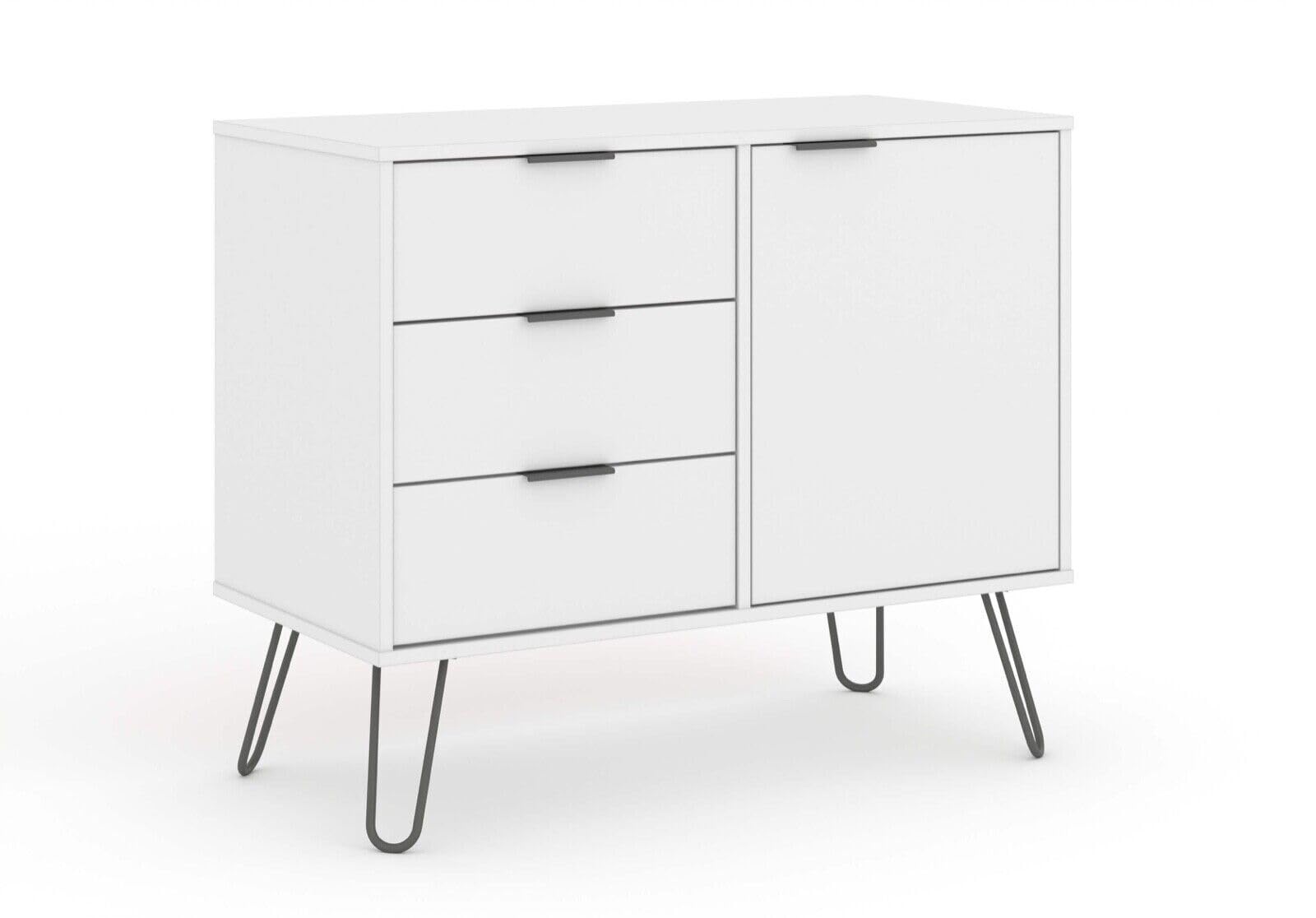 Home Source White Sideboard Cupboard, Home Living Room Storage Cabinet, 1 Door, 3 Drawers