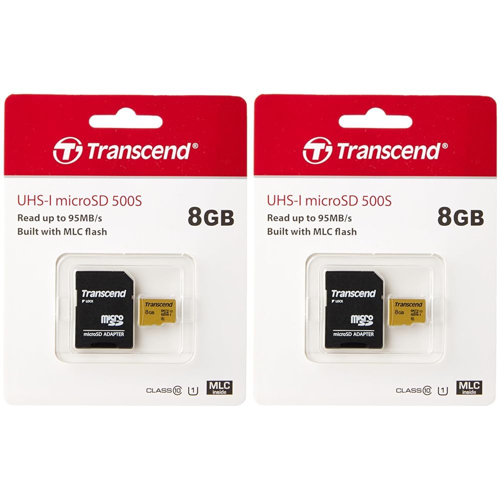 Transcend 8GB microSDHC 500S Memory Card UHS- I, C10, U3, V30, 4K, Full HD, Up to 95/80 MB/s (ideal for action cameras and drone cameras) TS8GUSD500S (Pack of 2)