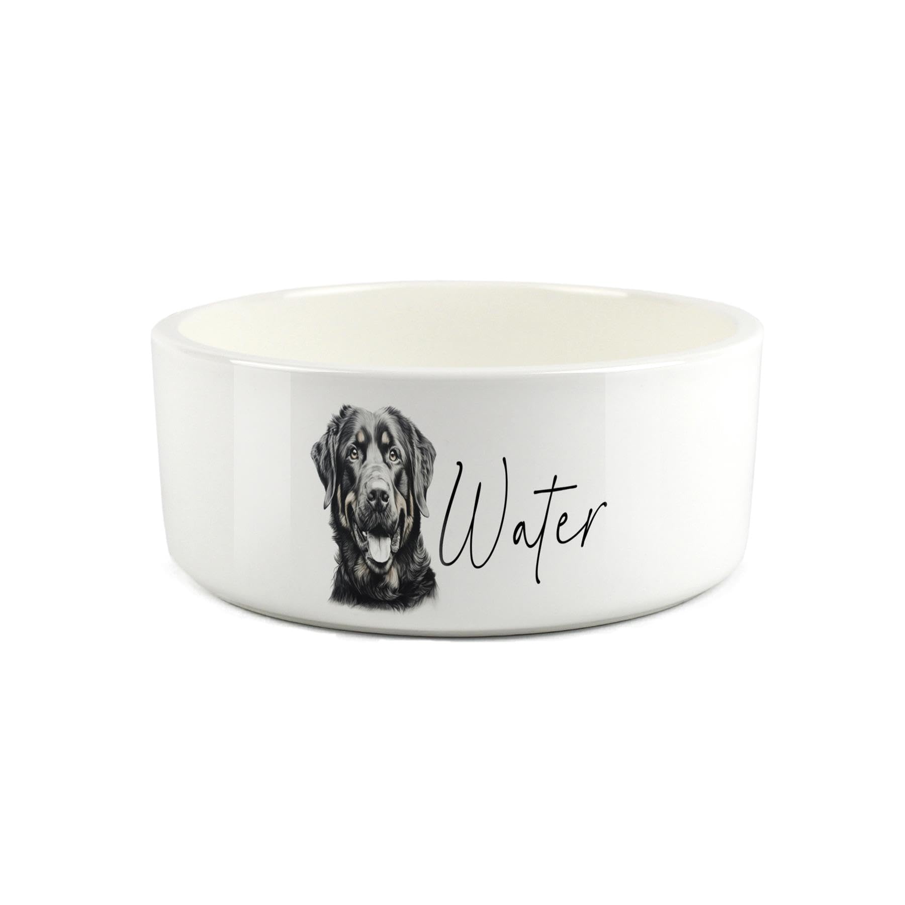 Rottweiler Pet Bowl - Black & White Portrait Large Ceramic Water Bowl - White Water Dish For Dogs