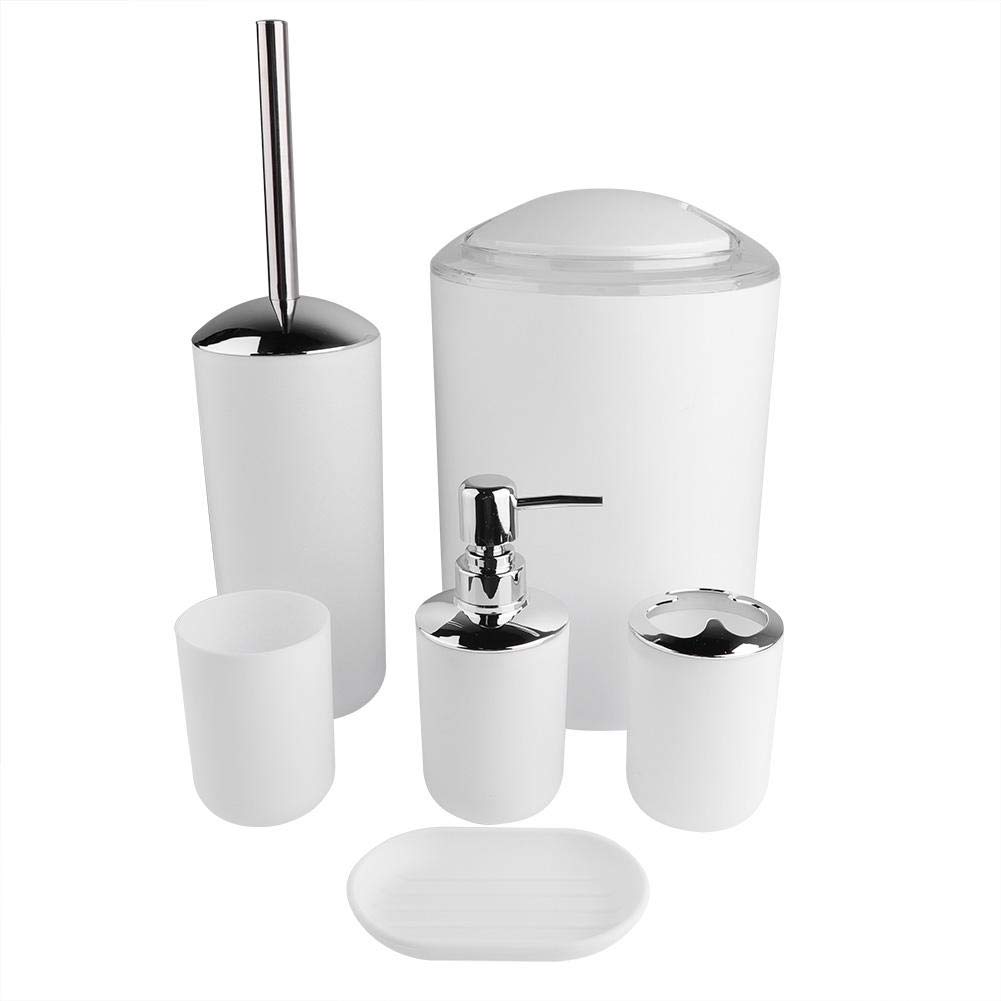 GOTOTOP Bathroom Accessory Set, 6-Piece Plastic Set: Toothbrush Holder, Soap Dispenser, Soap Dish, Toilet Brush Holder, Trash Can, Rinsing Mug (White)