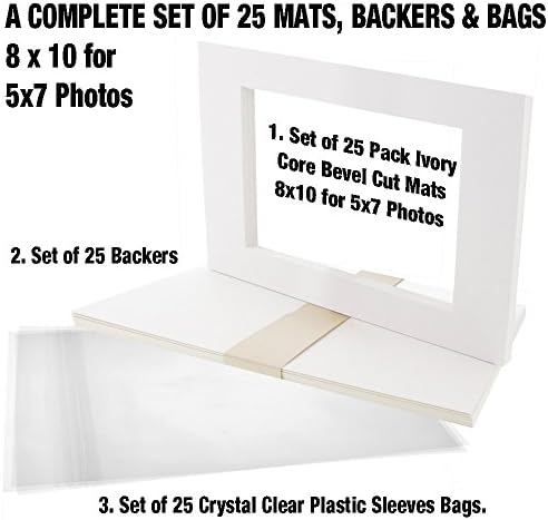 Studio 500, USA A1 BRAND, Acid-Free Pre-Cut 11x14 Ivory Picture Mat Sets; Pack of 25 Ivory Core Bevel Cut Mattes for 8x10 Photos, Pack of 25 Backers &amp; Pack of 25 Crystal Clear Plastic Sleeves Bags