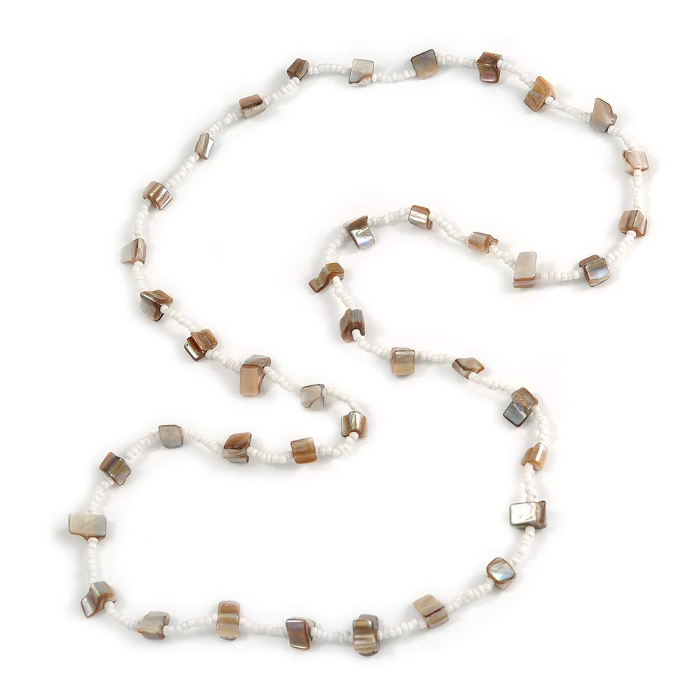 Avalaya Long Snow White Glass Bead, Antique White Sea Shell Nugget Necklace/100cm L