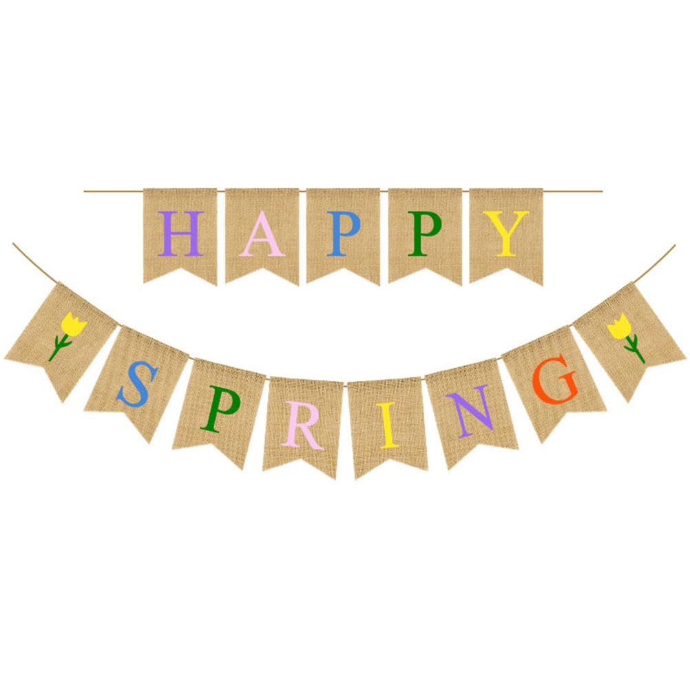 Amosfun Happy Spring Banner Rustic Burlap Bunting Banner Flower Garland Easter Spring Party Hanging Decorations
