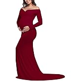 JustVH Maternity Elegant Fitted Maternity Gown Long Sleeve Cross-Front V Neck Slim Fit Maxi Photography Dress for Photoshoot