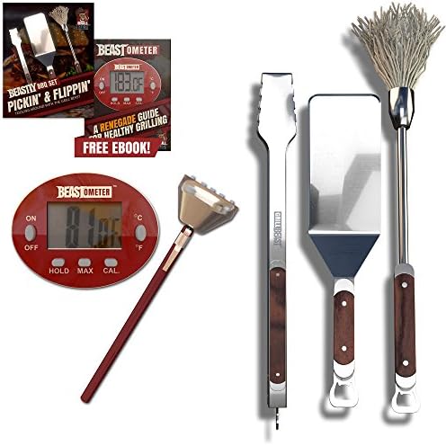 Grill Beast Beastly BBQ Set & Meat Thermometer – Timelessly Crafted BBQ Set - Start A New Family Heirloom – Stainless Steel Grilling Accessories – 4 Piece Spatula Tongs Mop & Digital Thermometer