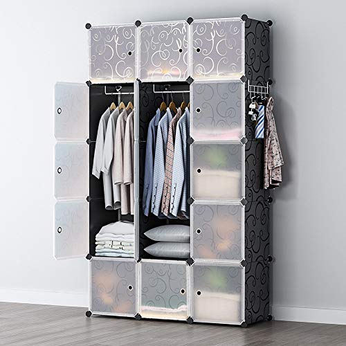 GEORGE&DANIS Portable Wardrobe Plastic Modular Closet Organization Customizable Cube Storage Organizer Bedroom Armoire Dresser, Black, 2 Hangers & 9 Cubes
