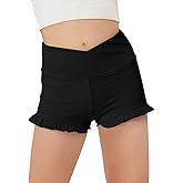 Haloumoning Girls Athletic Ruffle Shorts V Crossover High Waisted Yoga Dance Gymnastics Shorts 5-14Y