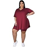 Tycorwd Women's Plus Size Two Piece Outfits Loungewear Sets Summer Oversized Tshirts Shorts Sweatsuits Sets Wine red1 1XL