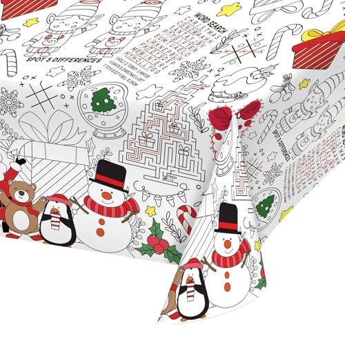 Gatherfun Kids' Christmas Disposable Coloring Tablecloth & Festive Poster with Santa & Snowman, 54x88in | Perfect for Xmas Christmas Party Decorations, Activities & More
