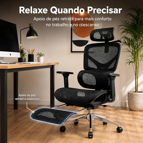 Laruno Cadeira de Escritório Ergonômica NR17 Giratória com Apoio de Pés Cadeira Gamer Presidente Suporte Lombar Adaptável Encosto Ajustável 6 Níveis Braço 3D Malha Mesh Respirável Suporta até 200kg