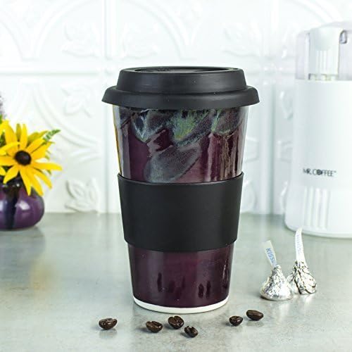 Eggplant Purple Coffee Travel mug, 14 oz with silicon lid and sleeve by BlueRoomPottery