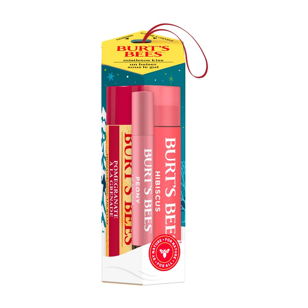 Burt's Bees Gift Set, Pomegranate Lip Balm, Tinted Lip Balm and Lip Shimmer, Mistletoe Kiss